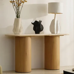 Hot Horgans Basma Marble Console Marble, Natural Wood