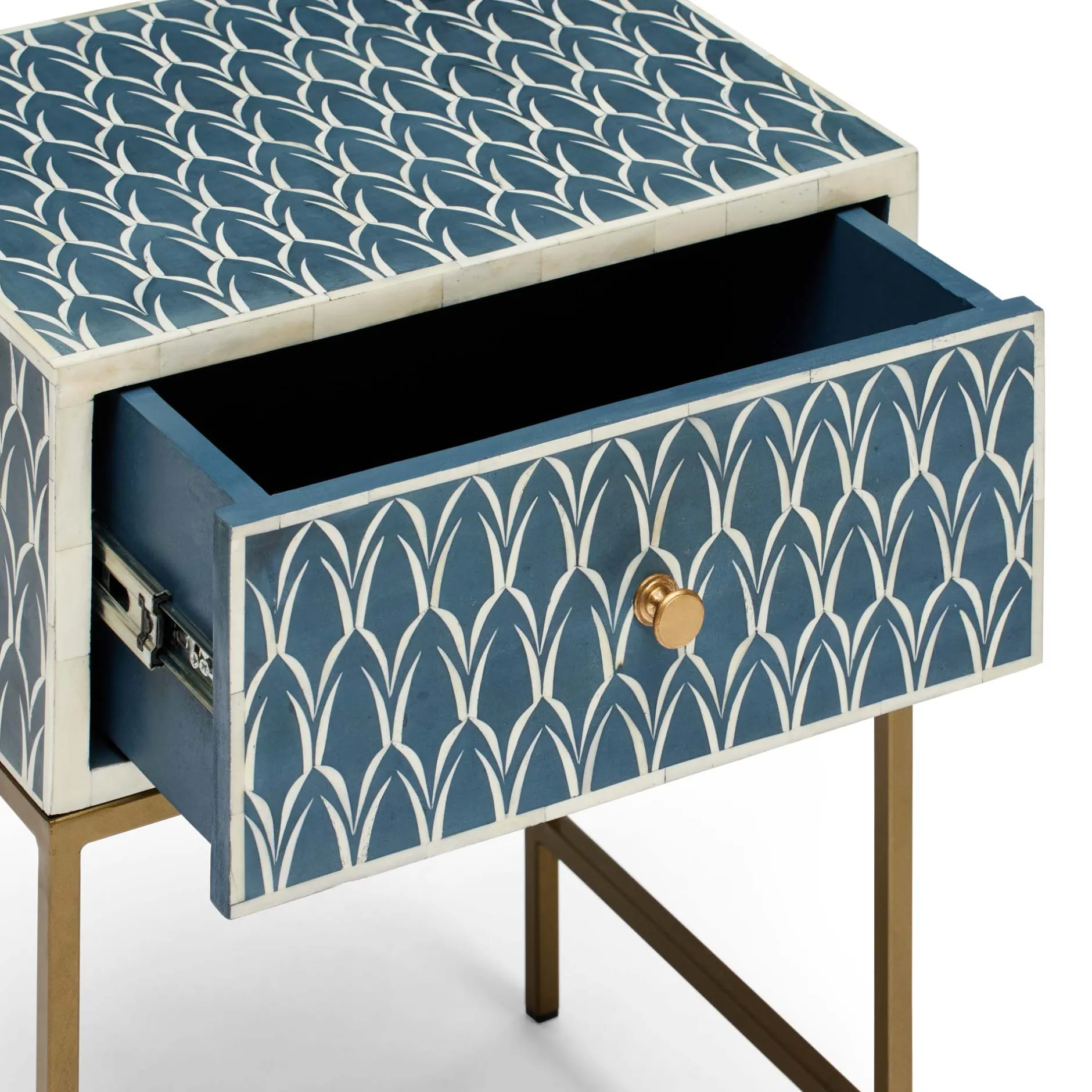 Best Horgans Zephyr Bone Inlay Bedside Navy, White & Antique Gold
